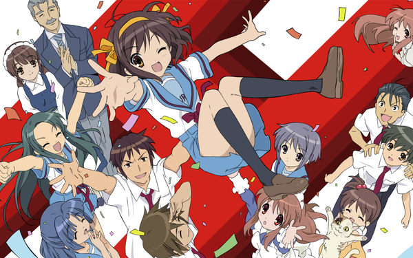 Anime picture 1920x1200 with suzumiya haruhi no yuutsu kyoto animation suzumiya haruhi nagato yuki asahina mikuru kyon koizumi itsuki tsuruya asakura ryouko kyon no imouto shamisen (suzumiya haruhi) taniguchi kunikida mori sonou highres wide image animal ears scan teeth maid