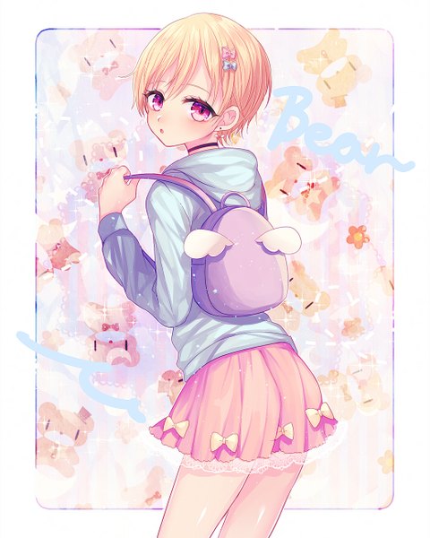 Anime picture 1040x1300 with original abandon ranka single tall image fringe short hair blonde hair hair between eyes pink eyes looking back from behind framed girl skirt earrings choker hairclip hood hoodie backpack