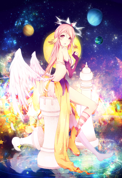 Anime picture 1024x1489 with no game no life madhouse jibril (no game no life) single long hair tall image fringe breasts open mouth light erotic red eyes sitting bare shoulders looking away pink hair bare back white wings angel girl wings
