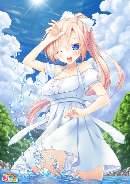Anime picture 707x1000 with original ichimatsu nana single long hair tall image looking at viewer blush open mouth blue eyes blonde hair sky cloud (clouds) ponytail one eye closed wink girl dress bow hair bow water