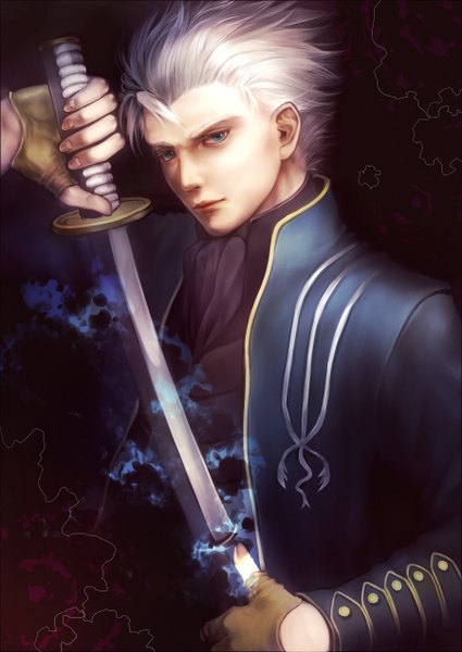 Anime picture 1800x2542 with devil may cry vergil senano-yu single tall image highres short hair blue eyes silver hair realistic magic boy gloves weapon sword fingerless gloves neckerchief