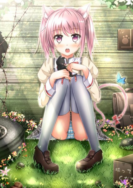 Anime picture 744x1052 with mahou shoujo madoka magica shaft (studio) kaname madoka swordsouls single tall image looking at viewer blush short hair open mouth twintails animal ears pink hair full body tail animal tail pink eyes cat ears cat girl cat tail