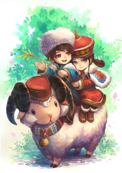 Anime picture 1240x1754 with original kazeo-yuurin tall image short hair blue eyes black hair smile brown hair parted lips pink eyes riding girl boy animal winter clothes sheep