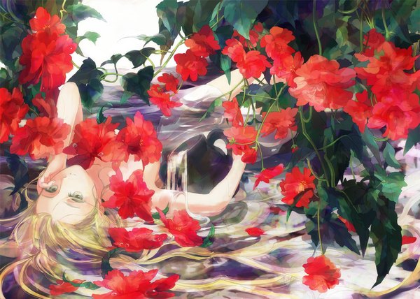 Anime picture 1049x750 with original shako (artist) single long hair blonde hair lying grey eyes girl flower (flowers) plant (plants) petals water