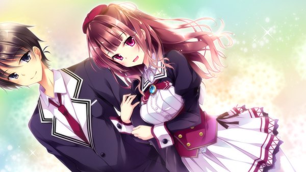 Anime picture 1920x1080 with golden marriage ensemble (studio) ichijouji touko hayakawa harui long hair looking at viewer blush highres short hair open mouth black hair smile brown hair wide image purple eyes game cg black eyes couple girl boy