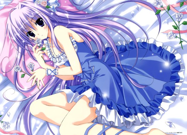 Anime picture 9602x6949 with korie riko single long hair blush highres purple eyes absurdres purple hair lying girl dress flower (flowers)