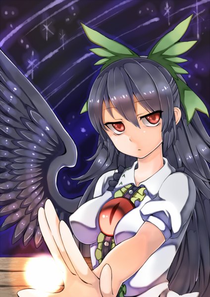 Anime picture 1000x1416 with touhou reiuji utsuho akagashi hagane single long hair tall image looking at viewer fringe black hair red eyes outstretched arm half updo black wings arm cannon girl bow weapon hair bow wings
