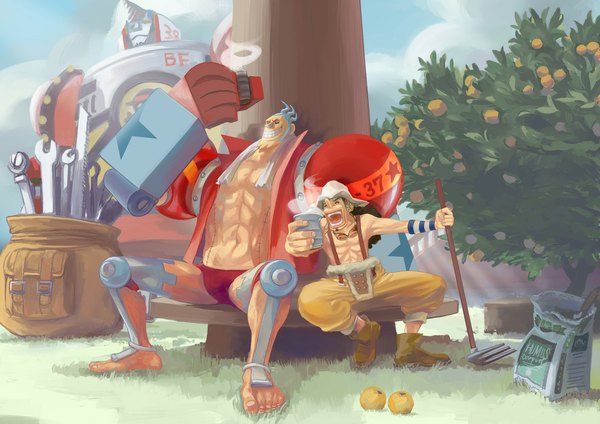 Anime picture 1100x778 with one piece toei animation usopp franky koga long hair short hair black hair smile sitting blue hair sky cloud (clouds) eyes closed barefoot steam curly hair boy plant (plants) tree (trees)