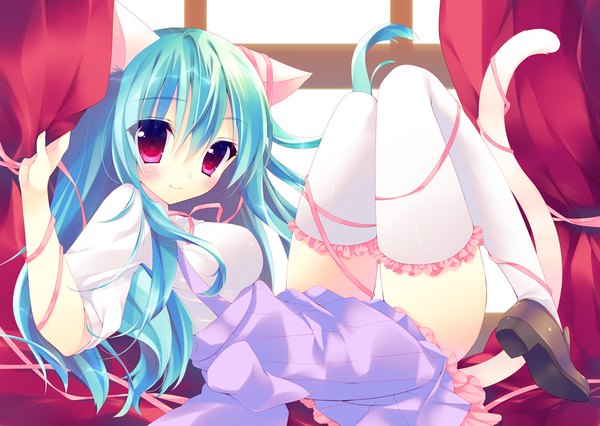 Anime picture 1200x853 with original amanagi seiji single long hair blush light erotic red eyes animal ears blue hair tail animal tail light smile cat ears cat girl cat tail girl thighhighs dress ribbon (ribbons) white thighhighs