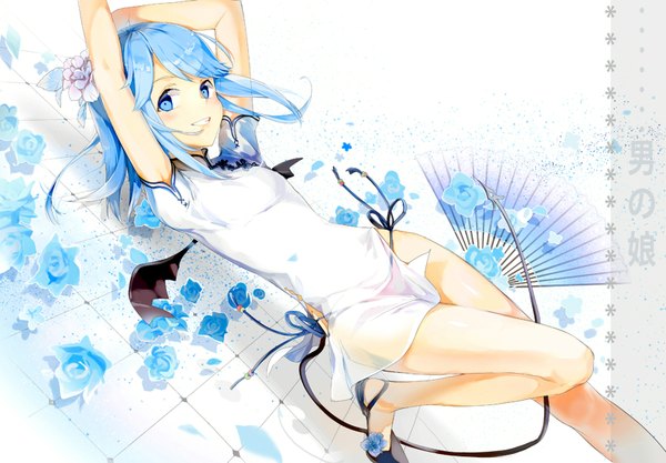 Anime picture 1640x1141 with original anmi single looking at viewer short hair blue eyes smile blue hair lying hair flower arms up grin chinese clothes bat wings otoko no ko transparent boy hair ornament underwear panties