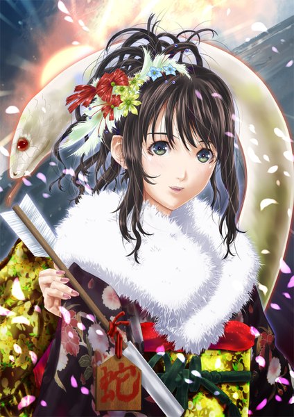 Anime picture 1061x1500 with original pandaraion (kanikani2950) single tall image looking at viewer blush short hair black hair smile green eyes traditional clothes japanese clothes new year 2013 girl hair ornament petals kimono arrow (arrows) snake