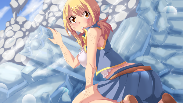 Anime picture 3840x2160 with fairy tail lucy heartfilia stingcunha single long hair blush highres blonde hair wide image twintails absurdres sky cloud (clouds) pleated skirt looking back orange eyes coloring short twintails smoke girl