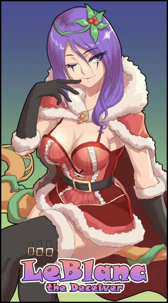 Anime picture 1540x2760 with league of legends emilia leblanc oz (artist) single tall image short hair breasts blue eyes light erotic large breasts looking away cleavage purple hair bent knee (knees) one eye closed wink fur trim finger to mouth girl thighhighs