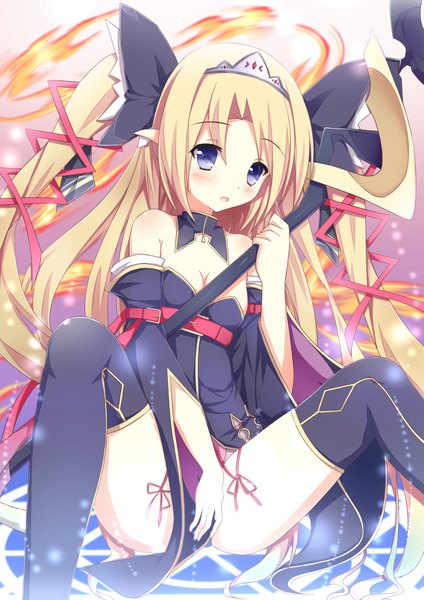 Anime picture 707x1000 with lord of walkure kashi madoushi fam suzuame yatsumi single tall image looking at viewer blush light erotic blonde hair purple eyes holding very long hair parted lips blurry :o two side up magic covering glow body blush