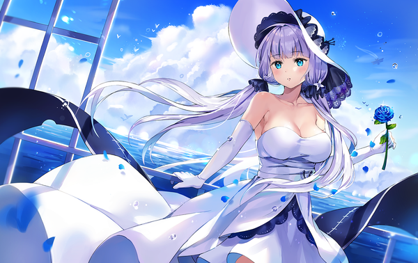 Anime picture 1500x946 with azur lane illustrious (azur lane) cherim single long hair blush fringe breasts blue eyes large breasts standing twintails bare shoulders holding looking away sky cleavage purple hair cloud (clouds) parted lips