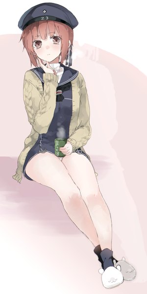 Anime picture 600x1200 with kantai collection z3 destroyer (max schultz) sino (sionori) single tall image looking at viewer blush fringe short hair light erotic brown hair sitting brown eyes pantyshot legs crossed legs pantyshot sitting steam hand on face girl