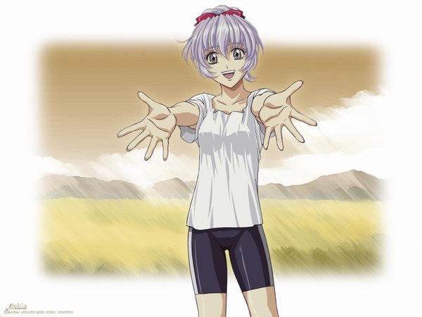 Anime picture 1600x1200 with full metal panic! gonzo teletha testarossa single looking at viewer fringe short hair open mouth smile hair between eyes outdoors :d grey hair grey eyes field girl uniform bow hair bow shorts