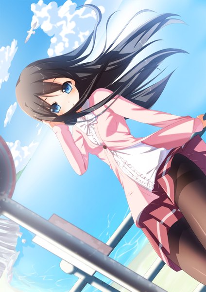 Anime picture 1488x2104 with original pastel-pastel single long hair tall image looking at viewer open mouth blue eyes black hair sky cloud (clouds) girl skirt animal pantyhose sea bird (birds)