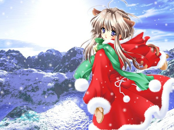 Anime picture 1024x768 with carnelian single animal ears cat girl snowing christmas winter snow photo background girl
