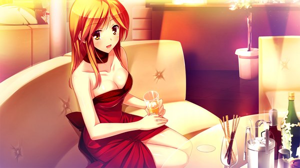 Anime picture 1280x720 with suika niritsu (game) long hair wide image game cg orange hair orange eyes girl dress sweets red dress pocky