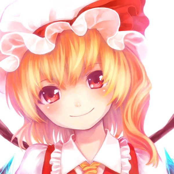 Anime picture 1000x1000 with touhou flandre scarlet miina (artist) single fringe short hair blonde hair smile hair between eyes red eyes white background upper body head tilt happy close-up face girl dress wings bonnet
