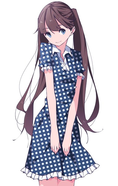 Anime picture 1033x1623 with original delaney single long hair tall image looking at viewer blue eyes simple background brown hair white background twintails polka dot girl dress