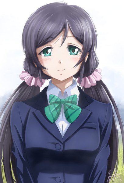 Anime picture 1000x1473 with love live! school idol project sunrise (studio) love live! toujou nozomi kem kem single long hair tall image looking at viewer blush black hair smile twintails green eyes signed low twintails dated girl uniform school uniform