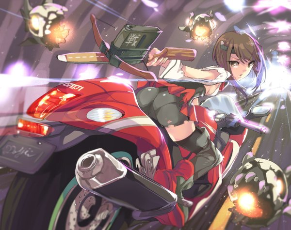 Anime picture 1769x1402 with kantai collection taihou armored aircraft carrier satou daiji single fringe highres short hair light erotic brown hair brown eyes ass looking back sideboob torn clothes riding girl thighhighs skirt weapon boots