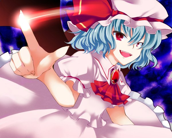 Anime picture 1500x1200 with touhou remilia scarlet sugita (artist) single short hair open mouth red eyes blue hair girl dress wings bonnet
