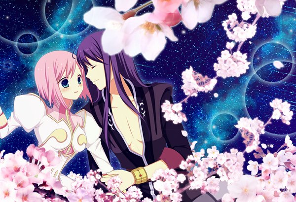 Anime picture 1000x684 with tales of (series) tales of vesperia yuri lowell estellise sidos heurassein ayamisiro long hair blush short hair open mouth blue eyes smile pink hair purple hair ahoge eyes closed night sky couple cherry blossoms milky way girl
