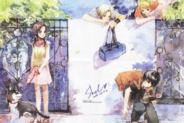 Anime picture 4650x3113 with original shel yang (artist) highres short hair black hair blonde hair brown hair twintails signed absurdres multiple boys short twintails group squat traditional media watercolor (medium) girl boy uniform plant (plants)