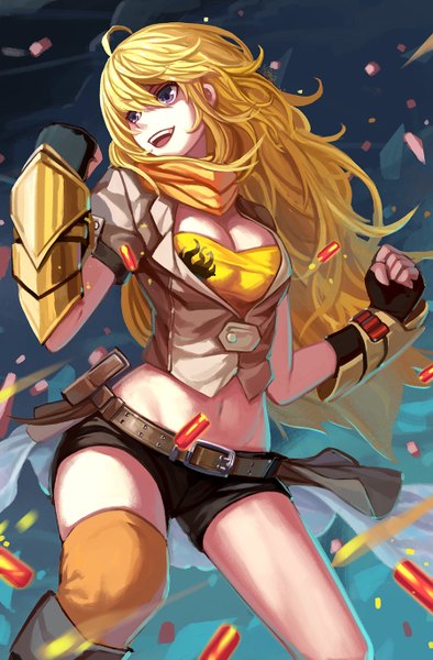 Anime picture 900x1368 with rwby rooster teeth yang xiao long nian (zhanian) single long hair tall image fringe open mouth blonde hair purple eyes ahoge bare belly groin happy girl thighhighs gloves navel shorts