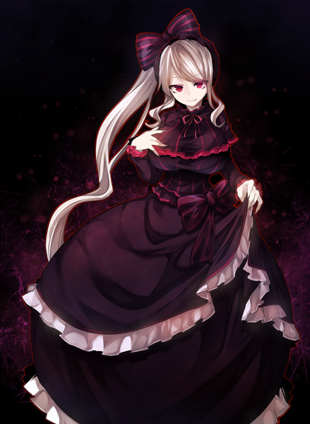 Anime picture 878x1200 with overlord (maruyama) madhouse shalltear bloodfallen tousen single tall image looking at viewer breasts smile large breasts payot silver hair very long hair pink eyes side ponytail hand on chest dark background frilled dress lolita fashion goth-loli