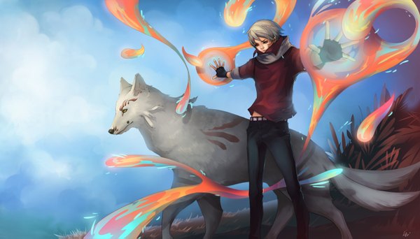 Anime picture 1400x799 with original unodu short hair wide image yellow eyes cloud (clouds) wind grey hair magic spread arms face paint boy animal belt scarf fingerless gloves fire wolf