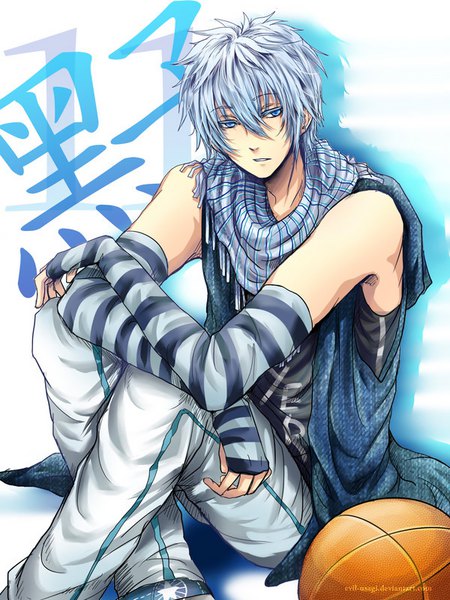 Anime picture 600x800 with kuroko no basket production i.g kuroko tetsuya evil-usagi single tall image fringe short hair blue eyes hair between eyes white background sitting bare shoulders blue hair looking away long sleeves parted lips boy detached sleeves scarf