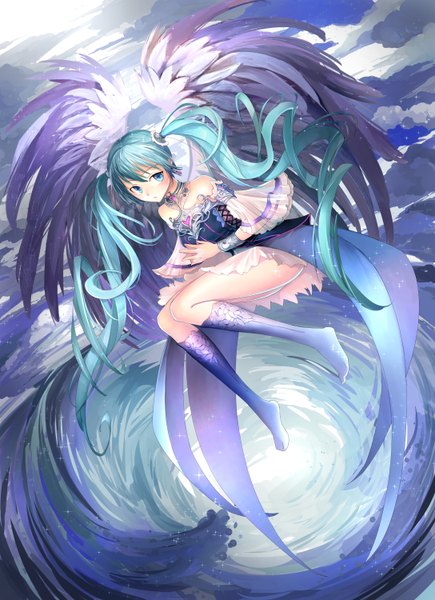 Anime picture 1088x1500 with vocaloid hatsune miku lain1 single tall image looking at viewer blush twintails bare shoulders sky cloud (clouds) very long hair aqua eyes aqua hair girl dress wings boots