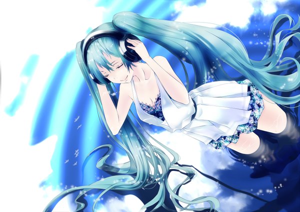 Anime picture 1754x1240 with vocaloid hatsune miku poker-face-008 single fringe highres smile standing twintails cleavage eyes closed very long hair aqua hair alternate costume girl dress water headphones sundress