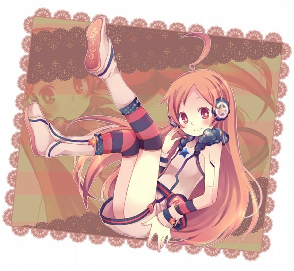 Anime picture 1083x1000 with vocaloid miki (vocaloid) long hair smile sitting ahoge orange hair orange eyes legs hand on hip girl thighhighs boots headphones striped thighhighs
