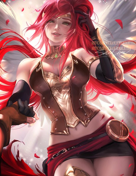 イラスト 706x916 と rwby rooster teeth pyrrha nikos sakimichan 長髪 長身像 カメラ目線 おっぱい light erotic 笑顔 緑の目 signed cleavage ポニーテール 赤髪 parted lips lips realistic teeth へそ出し