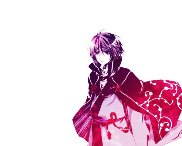 Anime picture 1200x960 with hakuouki shinsengumi kitan studio deen single short hair simple background white background brown eyes pink hair purple hair traditional clothes monochrome boy cloak
