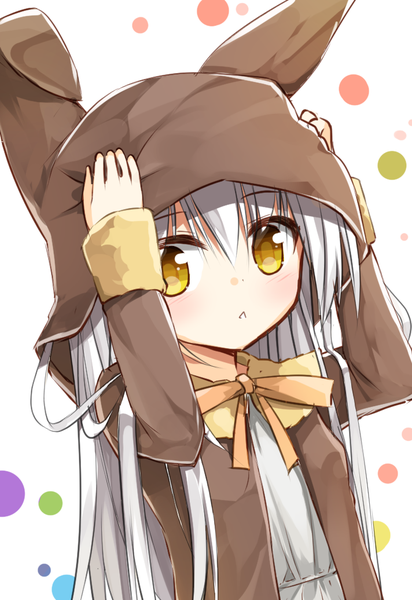 Anime picture 712x1036 with yuuhagi (artist) single long hair tall image looking at viewer blush fringe open mouth simple background white background animal ears yellow eyes white hair arms up fake animal ears hand on head adjusting hood girl bow hood
