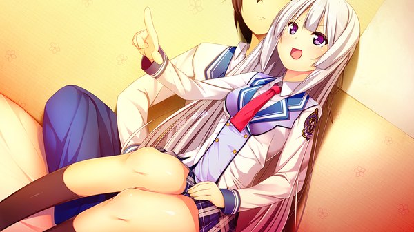 Anime picture 1280x720 with harvest overray giga yatsurugi komachi long hair blush open mouth wide image sitting purple eyes game cg white hair couple girl boy uniform school uniform socks black socks