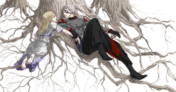 Anime picture 2441x1280 with last exile last exile: gin'yoku no fam gonzo alauda liliana il velch cutrettola turan moneynew long hair highres short hair blonde hair wide image white background barefoot pointy ears grey hair couple girl dress boy gloves