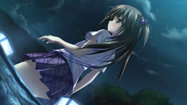 Anime picture 1280x720 with amatsutsumi purple software single long hair black hair wide image brown eyes game cg looking back night girl skirt