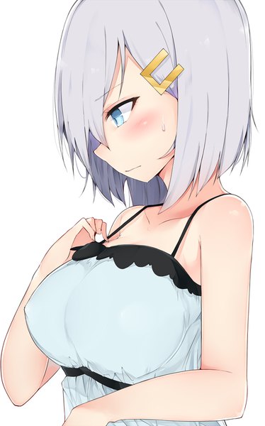 Anime picture 678x1086 with kantai collection hamakaze destroyer cole single tall image blush fringe short hair breasts blue eyes light erotic simple background large breasts white background bare shoulders looking away silver hair profile hair over one eye sweat