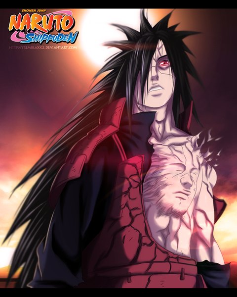 Anime picture 1000x1250 with naruto studio pierrot naruto (series) uchiha madara tremblax single long hair tall image fringe black hair red eyes sky cloud (clouds) sunlight hair over one eye inscription coloring torn clothes magic letterboxed