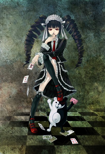 Anime picture 1200x1760 with dangan ronpa celestia ludenberg single long hair tall image black hair red eyes full body drill hair checkered floor lolita fashion girl animal necktie headdress maid headdress card (cards)