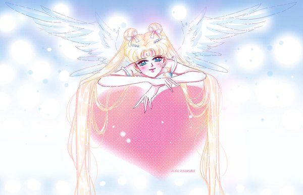 Anime picture 1692x1093 with bishoujo senshi sailor moon toei animation tsukino usagi alex-asakura single long hair blush blue eyes blonde hair twintails signed light smile hair bun (hair buns) crossed arms angel wings white wings girl wings heart