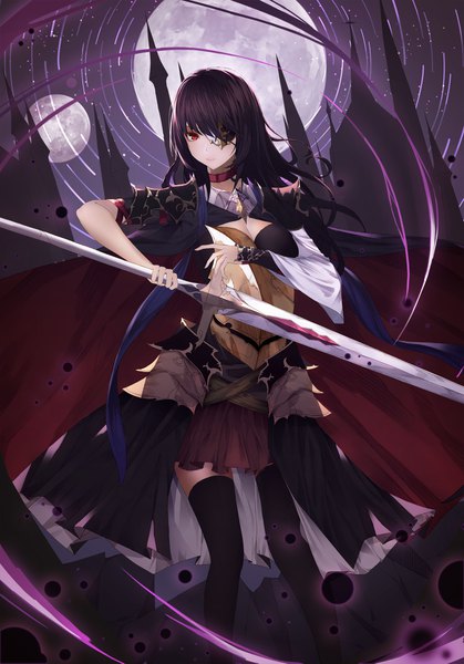 Anime picture 3000x4290 with original kim jin (tmxhfl4490) single long hair tall image looking at viewer fringe highres breasts black hair red eyes standing holding cleavage hair over one eye night silhouette girl thighhighs weapon