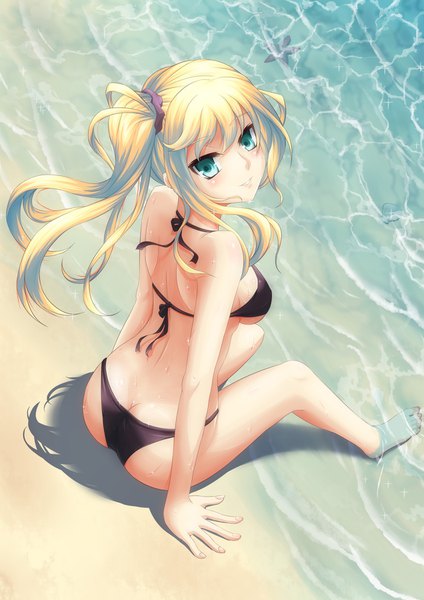 Anime picture 1272x1800 with original ahsiu single long hair tall image looking at viewer blush light erotic blonde hair smile sitting green eyes payot arm support shadow side ponytail arched back sand soaking feet butt crack